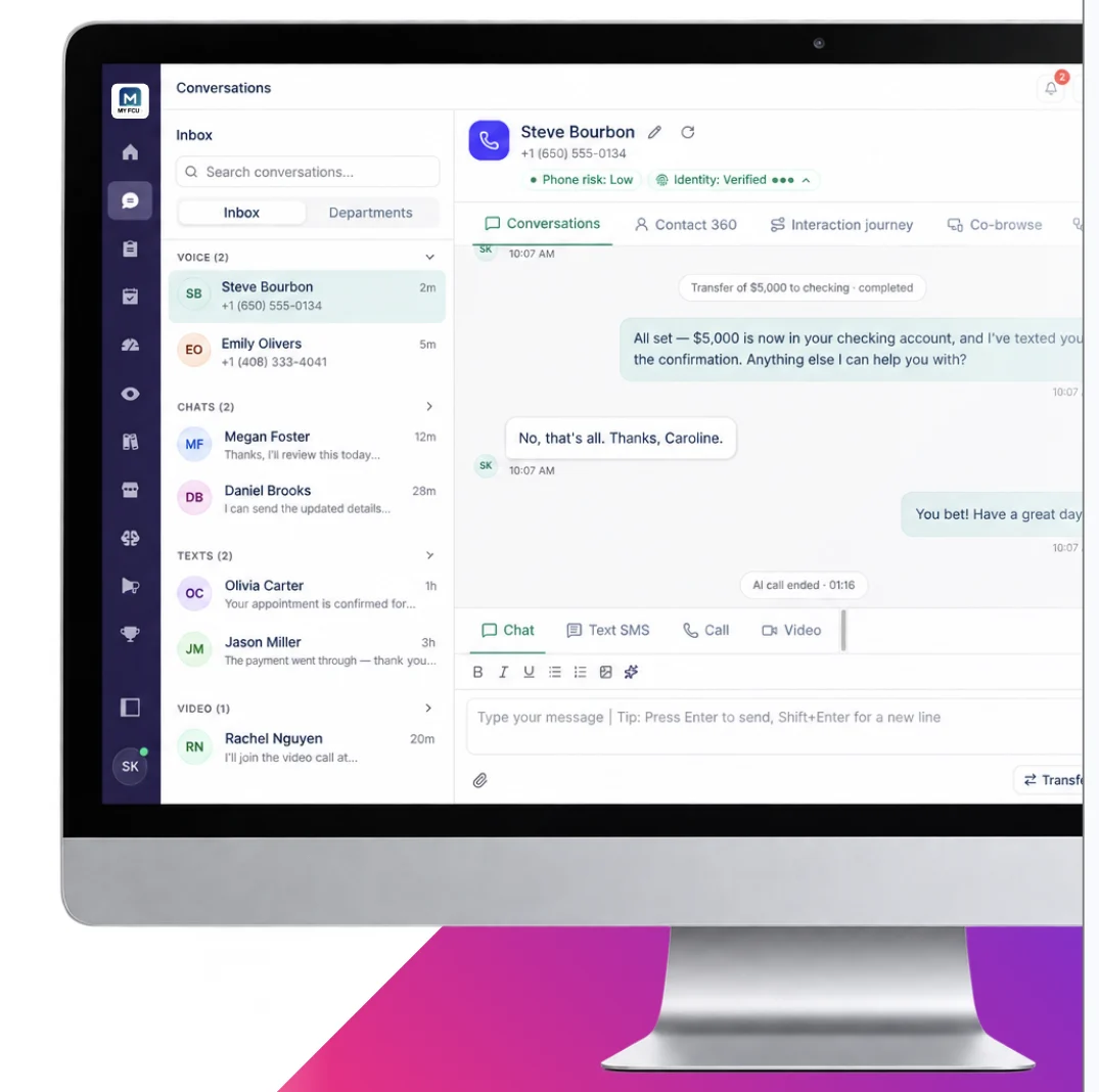 The Eltropy console on a desktop monitor: an inbox of voice, chat, Text and video conversations, a member thread with identity verified, and buttons to switch between chat, Text SMS, call and video.
